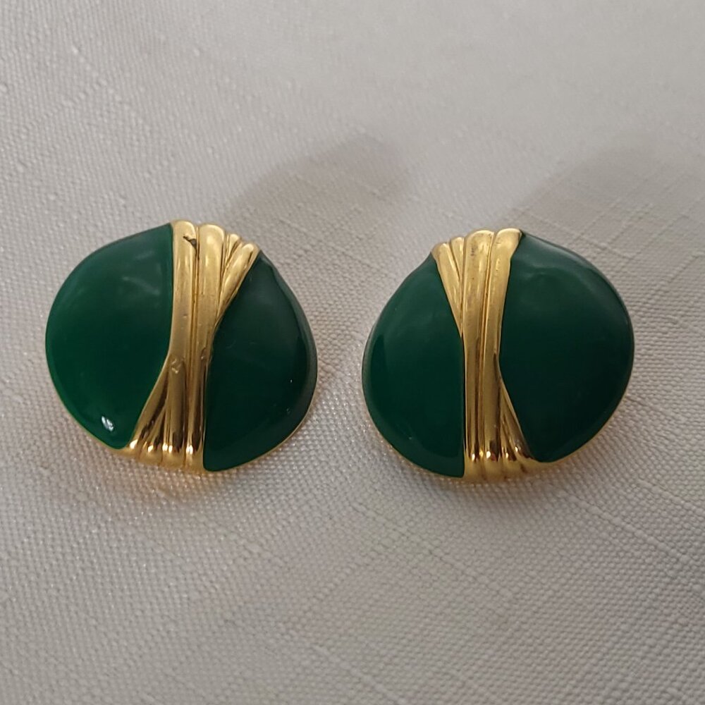 Authentic Vintage Monet Green & Gold Clip-On Earrings - Signed